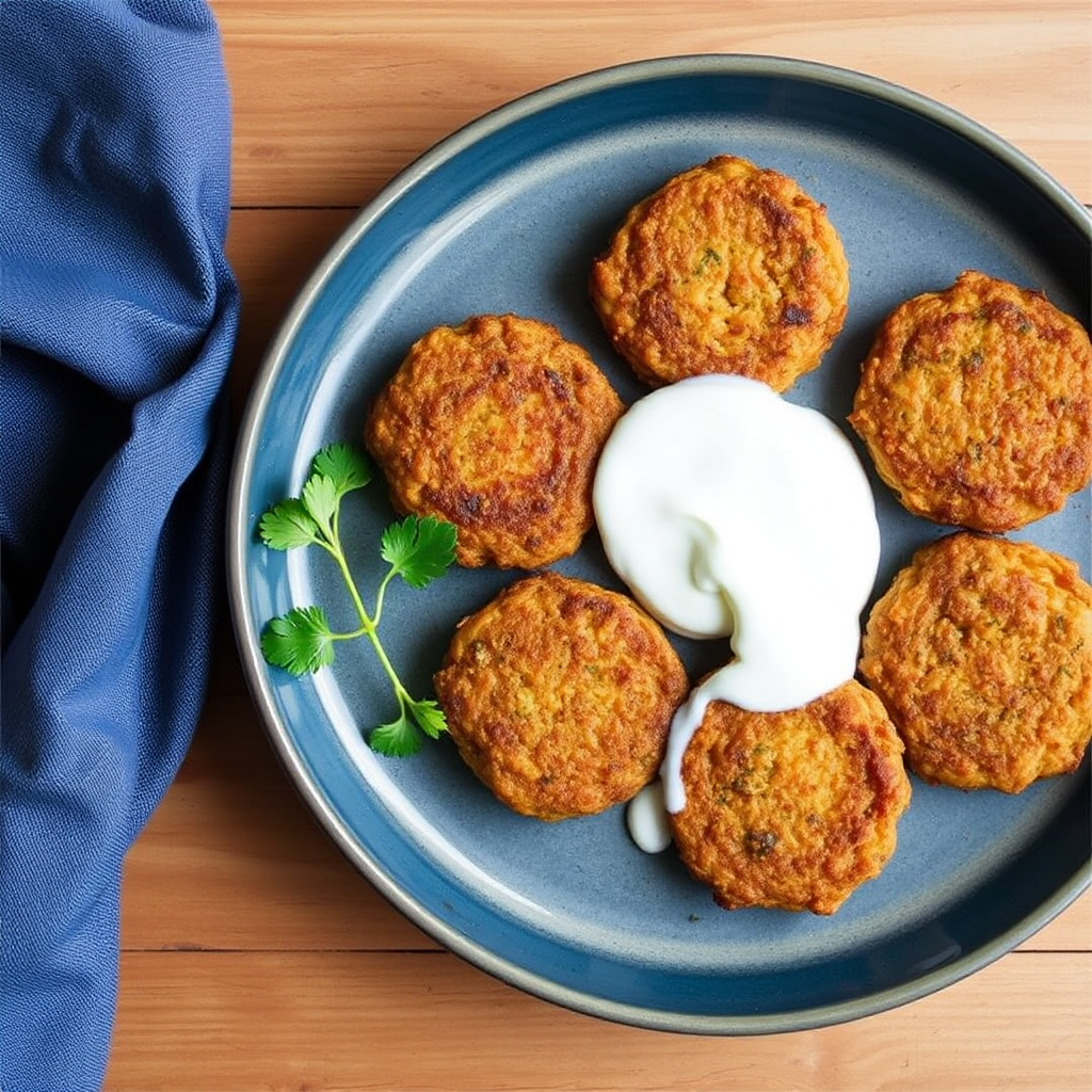 Spiced Carrot & Chickpea Fritters with Ginger-Lemon Yogurt Sauce