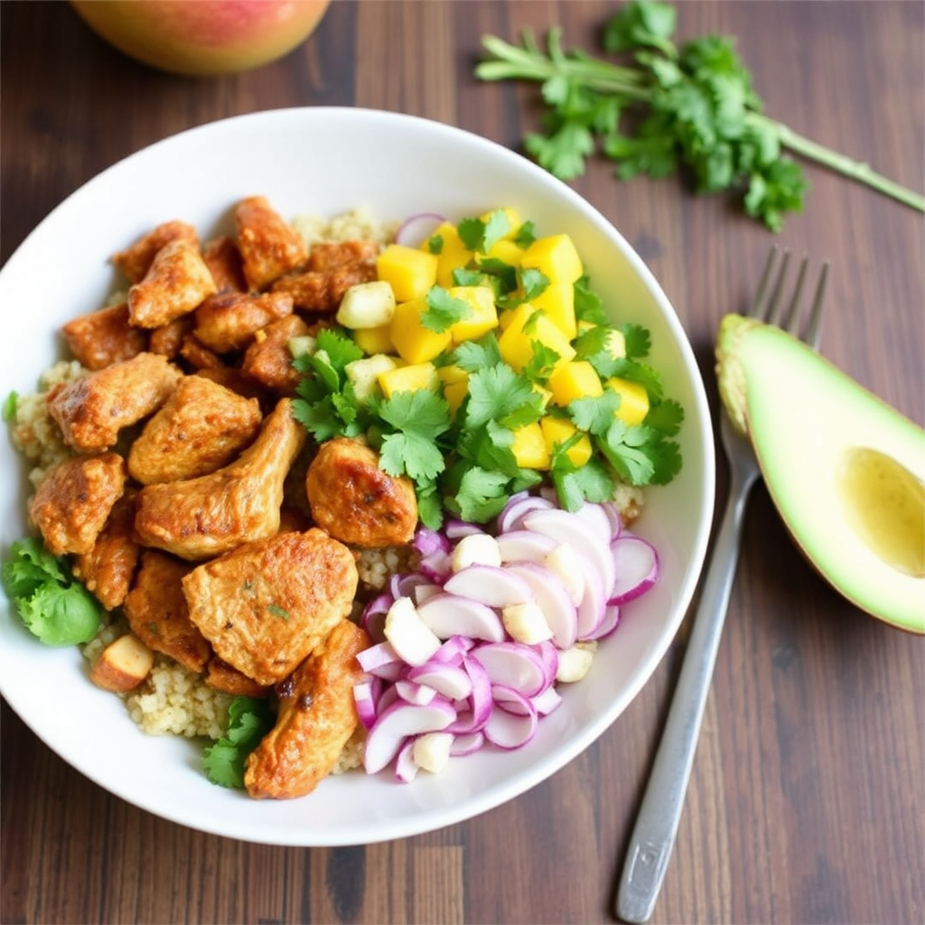 Spiced Chicken and Coconut Quinoa Bowls with Mango Salsa