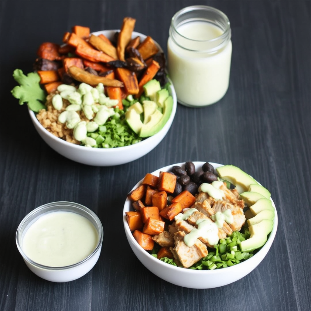 Spiced Chicken and Roasted Root Vegetable Bowls with Creamy Avocado Dressing