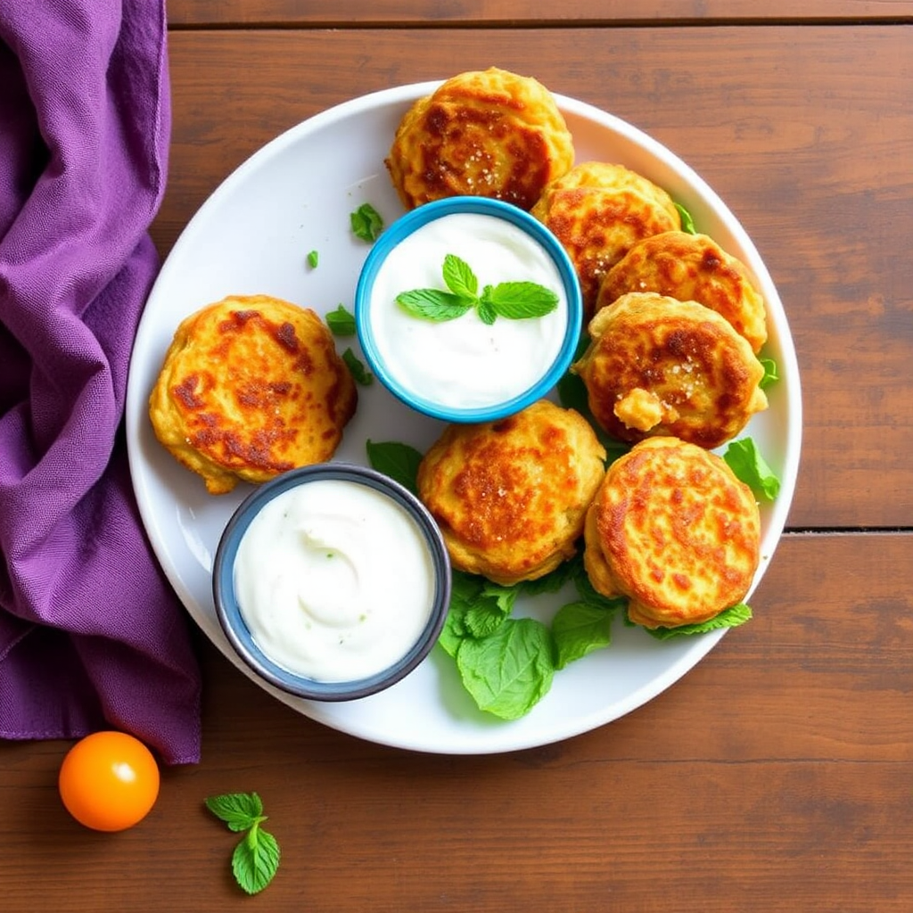 Spiced Chickpea & Apricot Fritters with Yogurt-Mint Dip