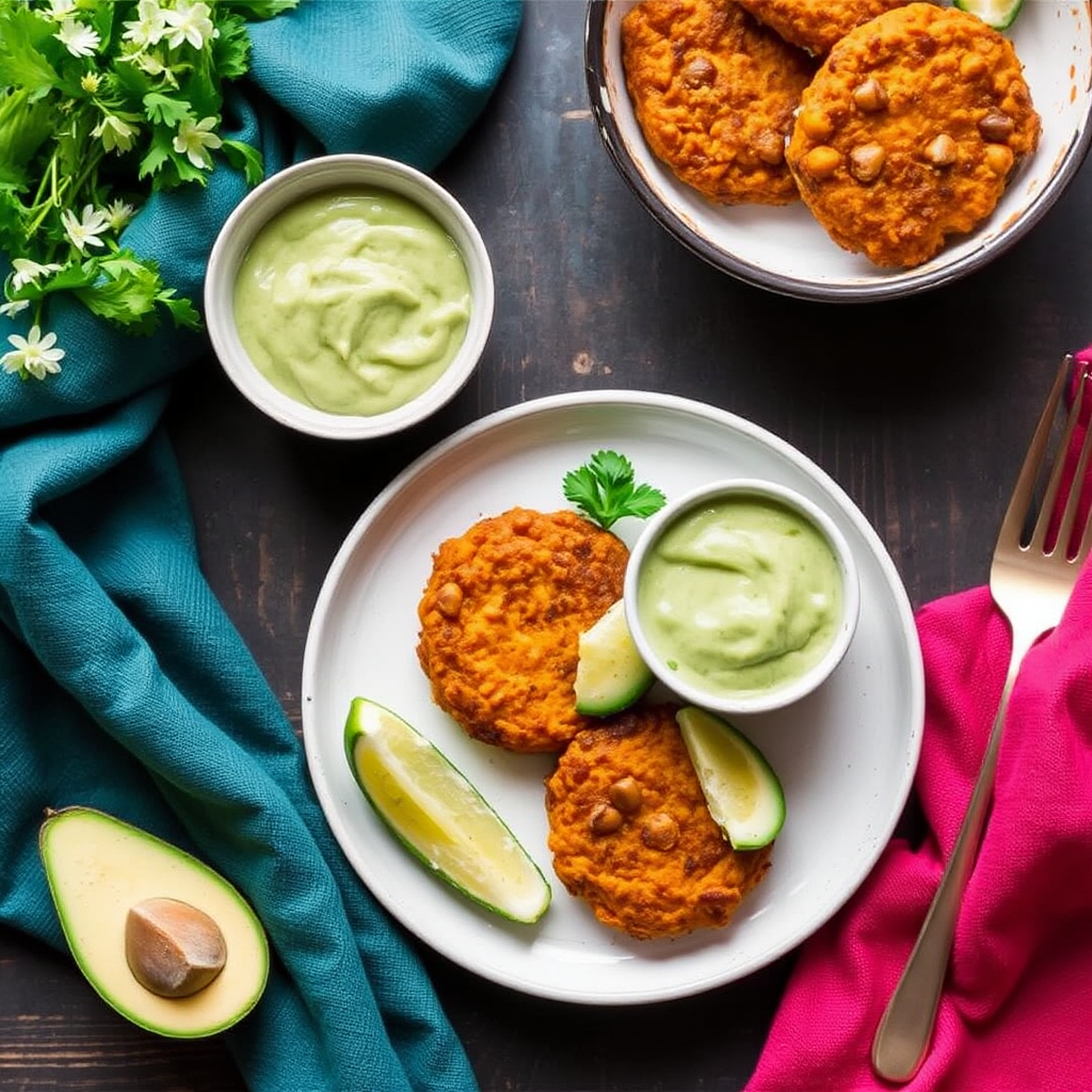 Spiced Chickpea & Sweet Potato Fritters with Avocado-Lime Crema