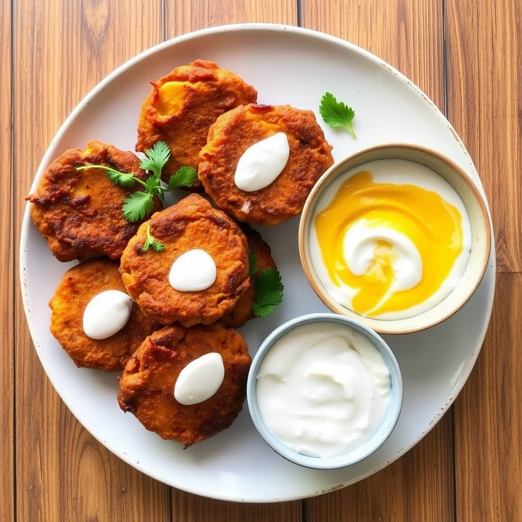 Spiced Chickpea and Sweet Potato Fritters with Coconut Lime Yogurt Dip