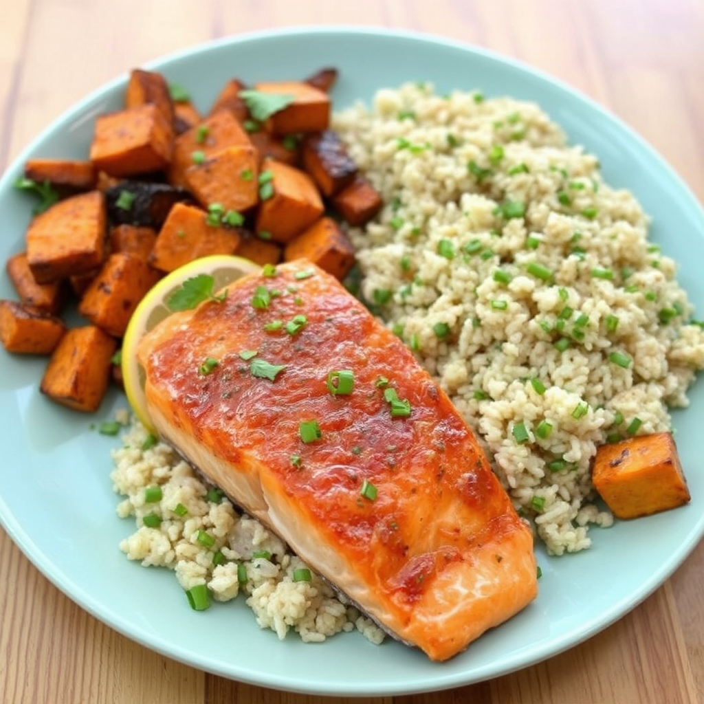 Spiced Citrus Glazed Salmon with Roasted Sweet Potatoes & Cilantro-Lime Rice