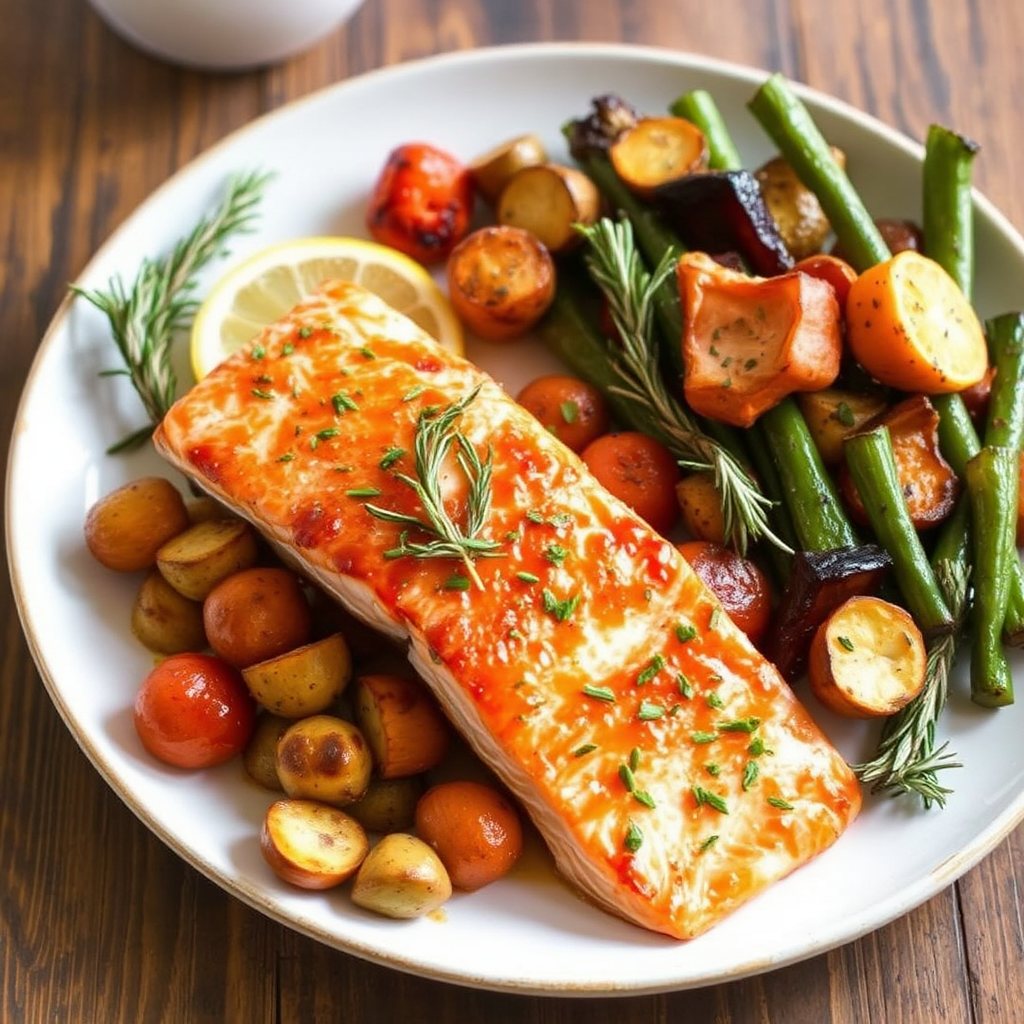 Spiced Citrus Glazed Salmon with Rosemary Roasted Vegetables