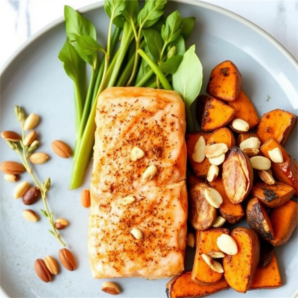 Spiced Citrus Salmon with Roasted Sweet Potatoes and Toasted Almonds