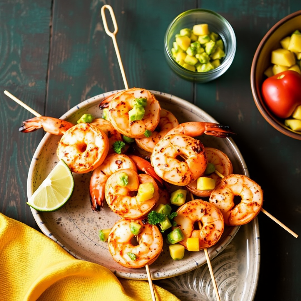 Spiced Citrus Shrimp Skewers with Avocado-Mango Salsa