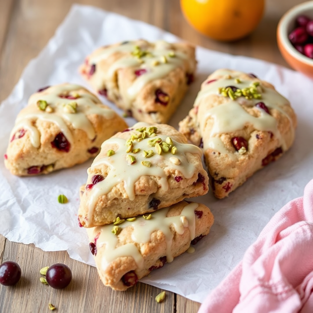 Spiced Cranberry Orange Scones with Pistachio Glaze