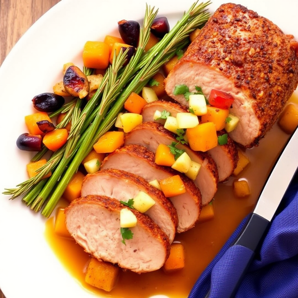 Spiced Pork Tenderloin with Roasted Butternut Squash and Apple-Rosemary Salsa