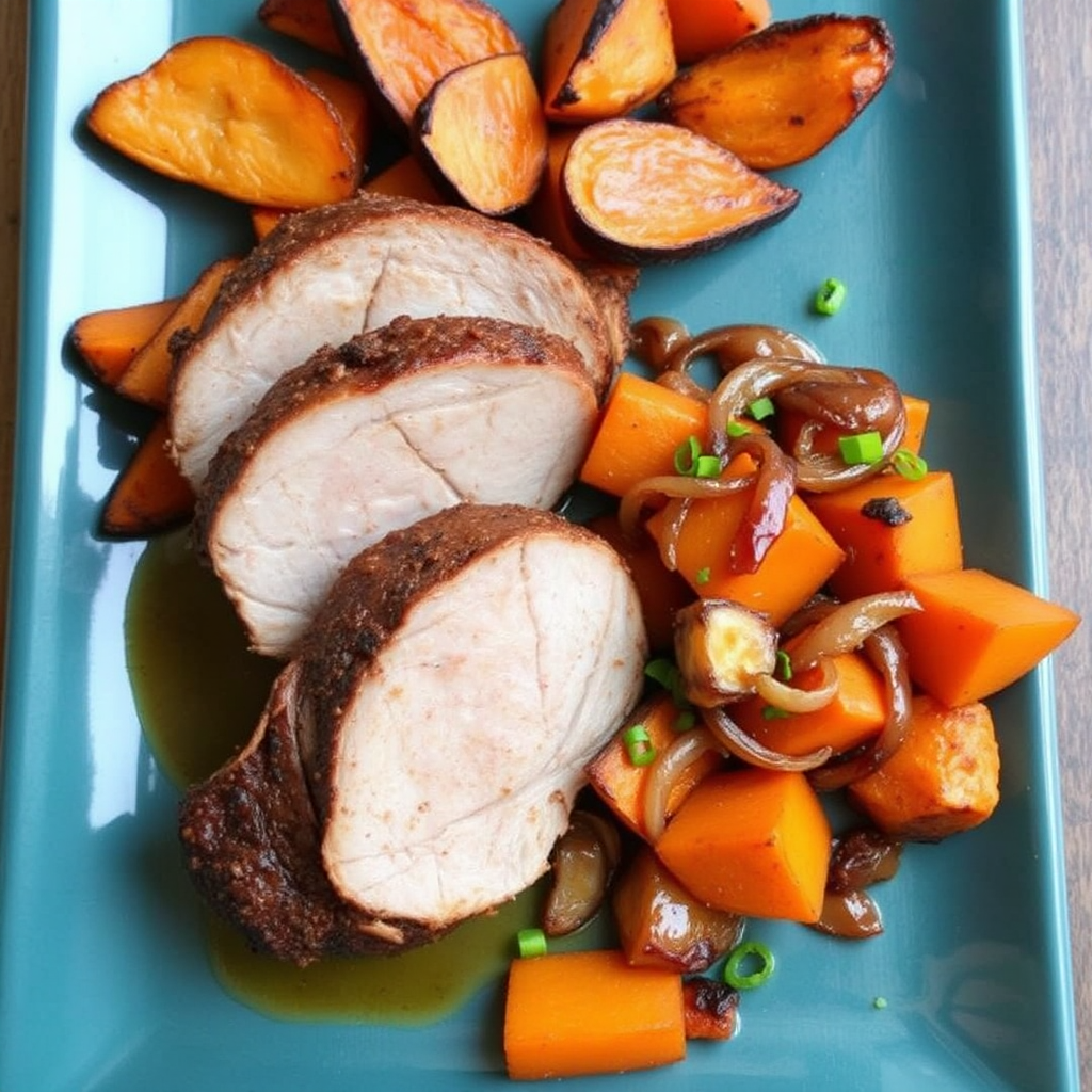 Spiced Pork Tenderloin with Roasted Sweet Potatoes and Caramelized Onions