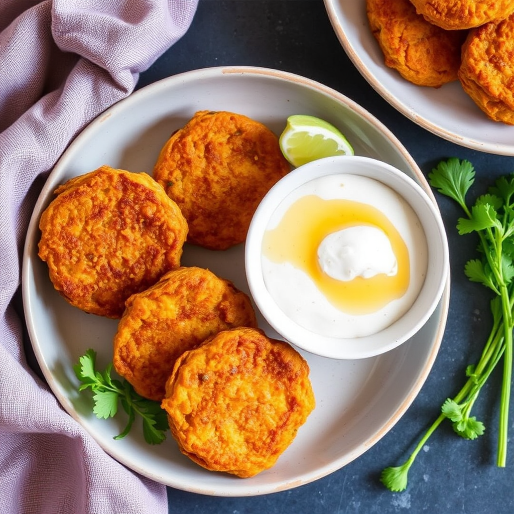 Spiced Pumpkin & Chickpea Fritters with Honey-Lime Yogurt Dip