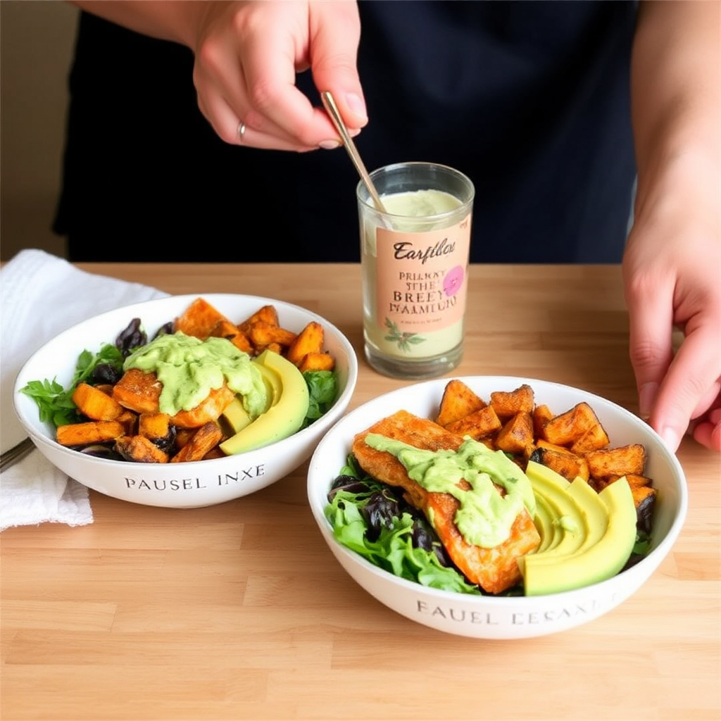 Spiced Salmon Bowls with Roasted Sweet Potato and Creamy Avocado Dressing