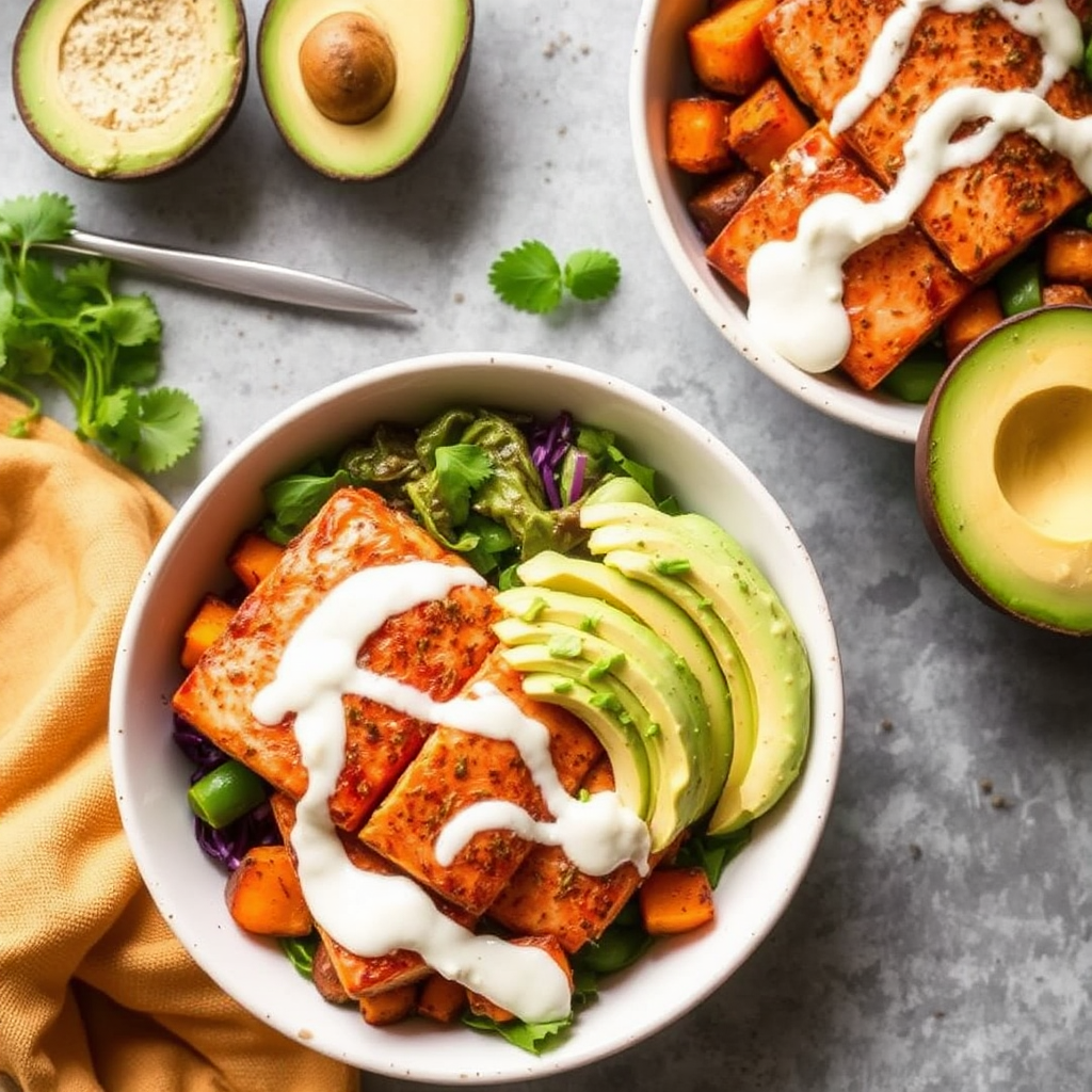 Spiced Salmon Bowls with Roasted Sweet Potatoes and Avocado Crema