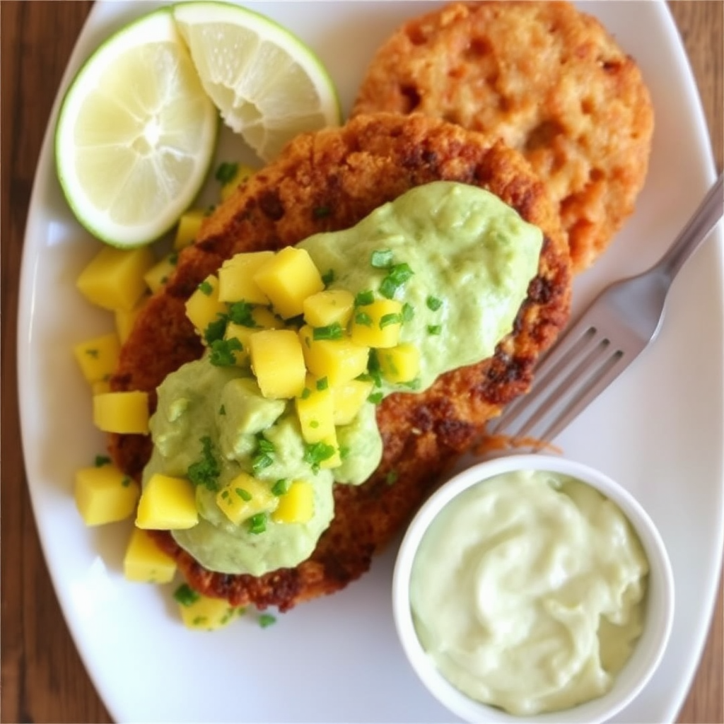 Spiced Salmon Patties with Creamy Avocado Mango Salsa