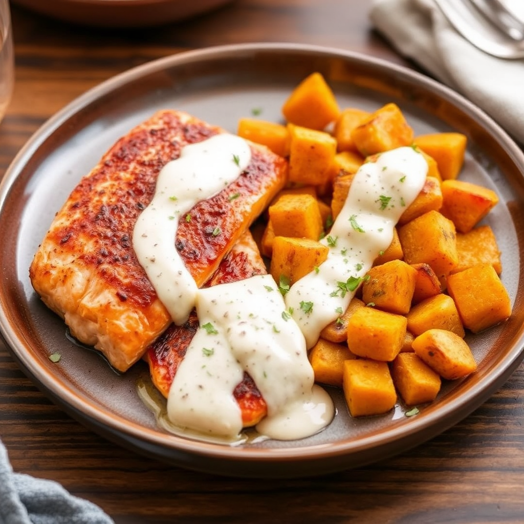 Spiced Salmon Steaks with Roasted Pumpkin & Coconut Cream