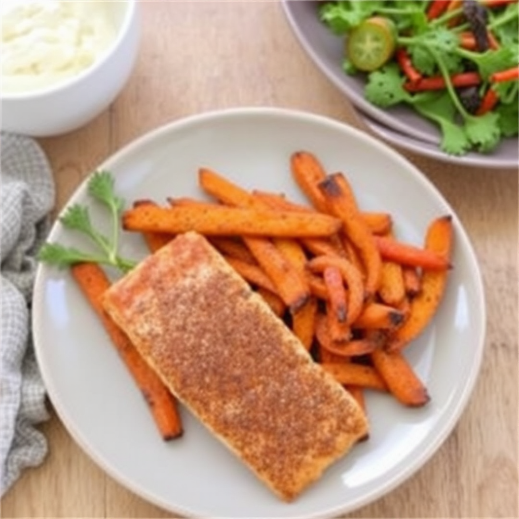 Spiced Salmon Steaks with Roasted Sweet Potato & Carrot Ribbons