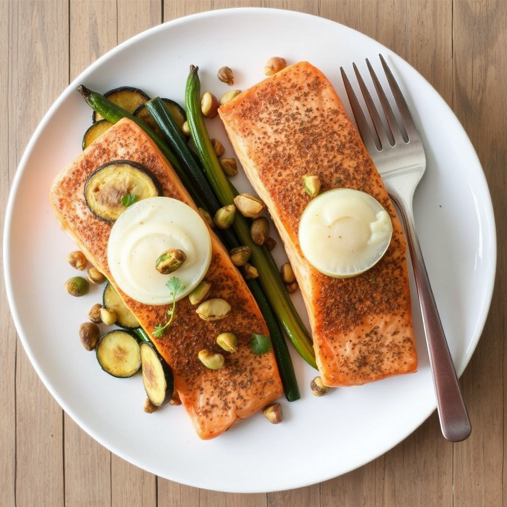 Spiced Salmon Steaks with Roasted Zucchini & Pistachios