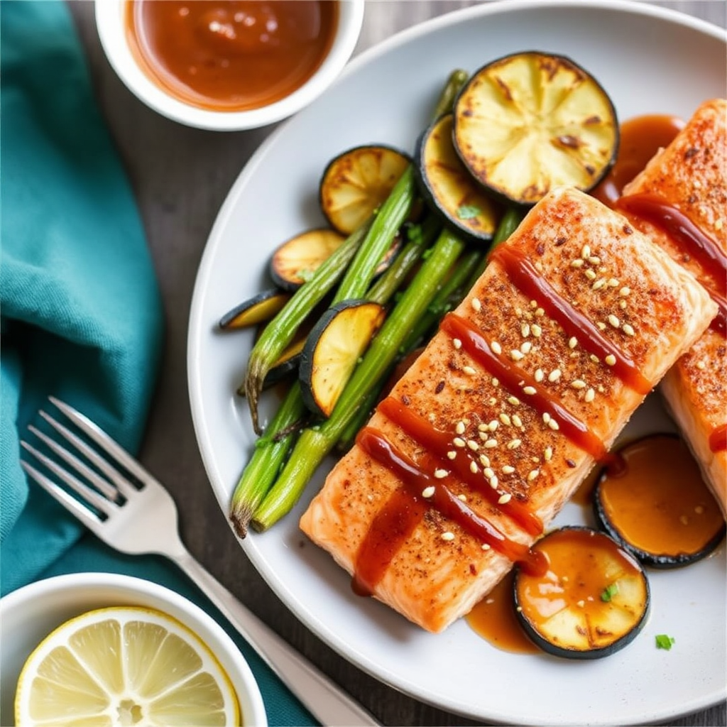 Spiced Salmon Steaks with Roasted Zucchini and Sesame-Ginger Glaze