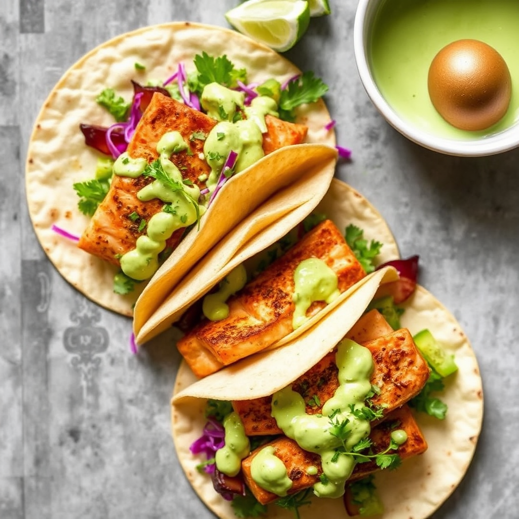 Spiced Salmon Tacos with Creamy Avocado Dressing