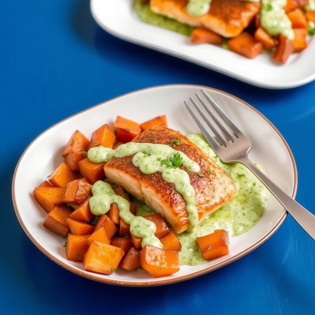 Spiced Salmon with Caramelized Sweet Potatoes and Coconut Cilantro Sauce