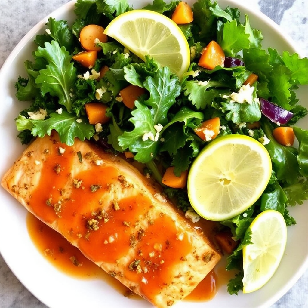 Spiced Salmon with Coconut-Carrot Glaze and Kale Salad