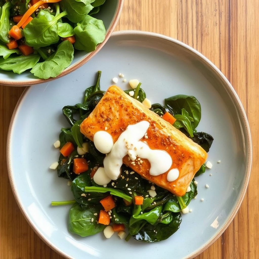 Spiced Salmon with Coconut-Carrot Glaze and Toasted Sesame Spinach