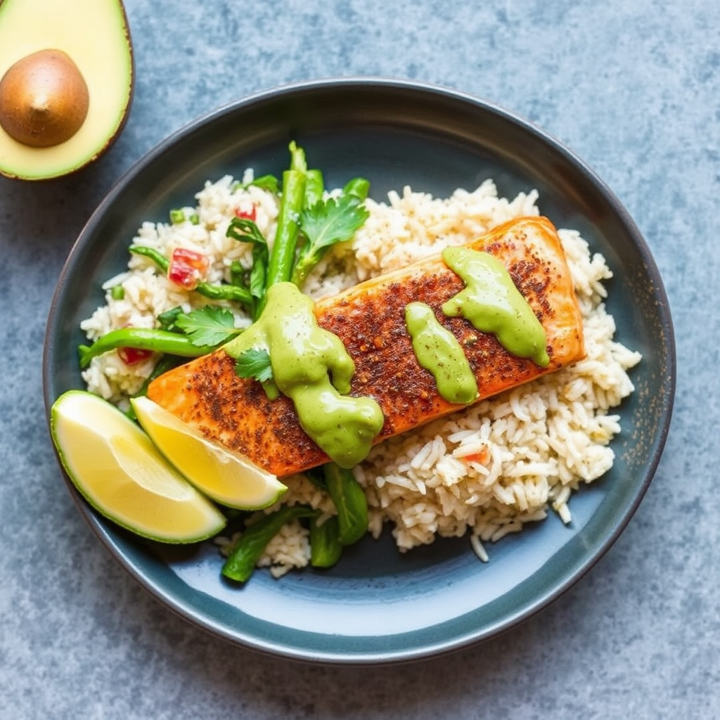 Spiced Salmon with Coconut-Ginger Rice and Avocado Lime Dressing