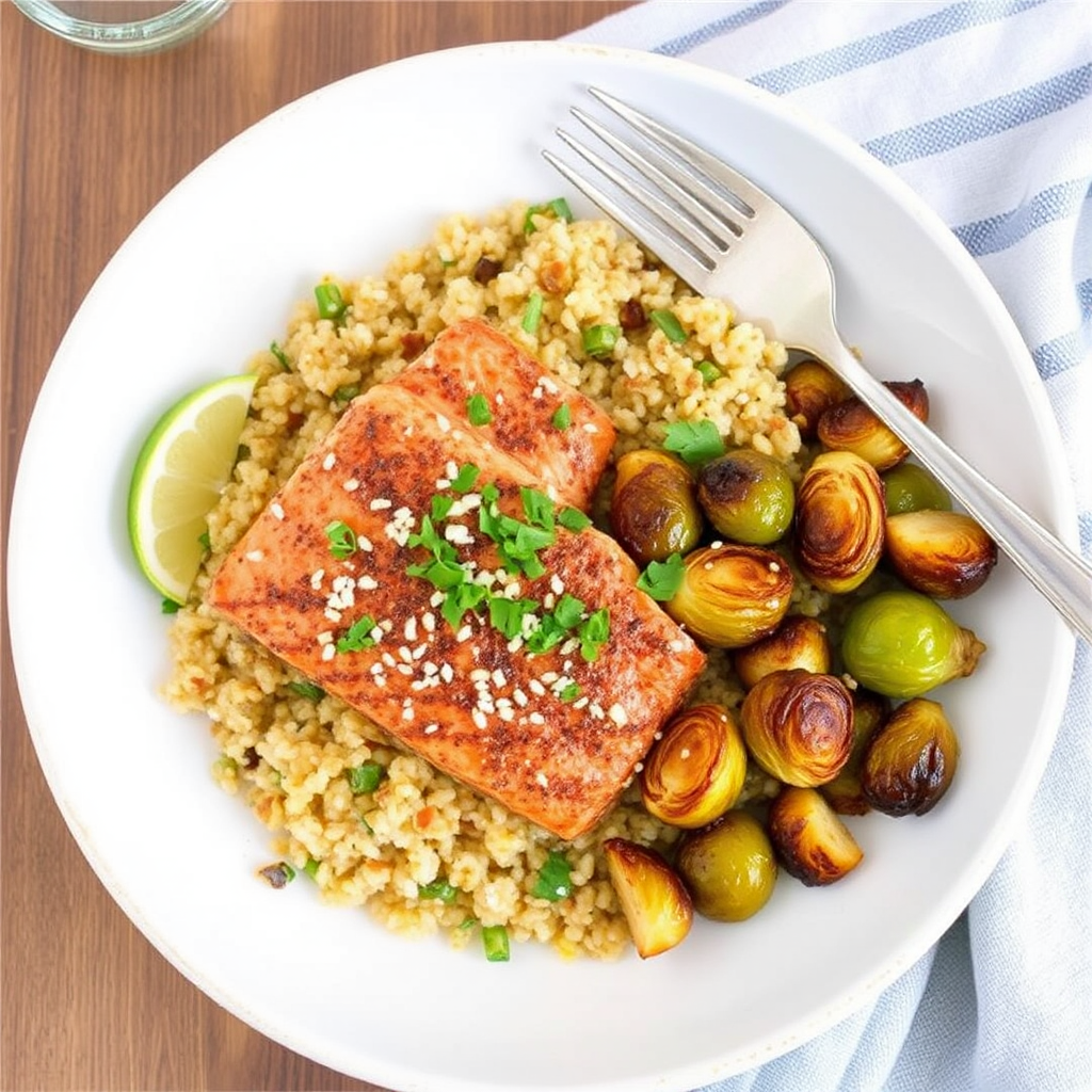 Spiced Salmon with Coconut-Lime Quinoa & Roasted Brussels Sprouts