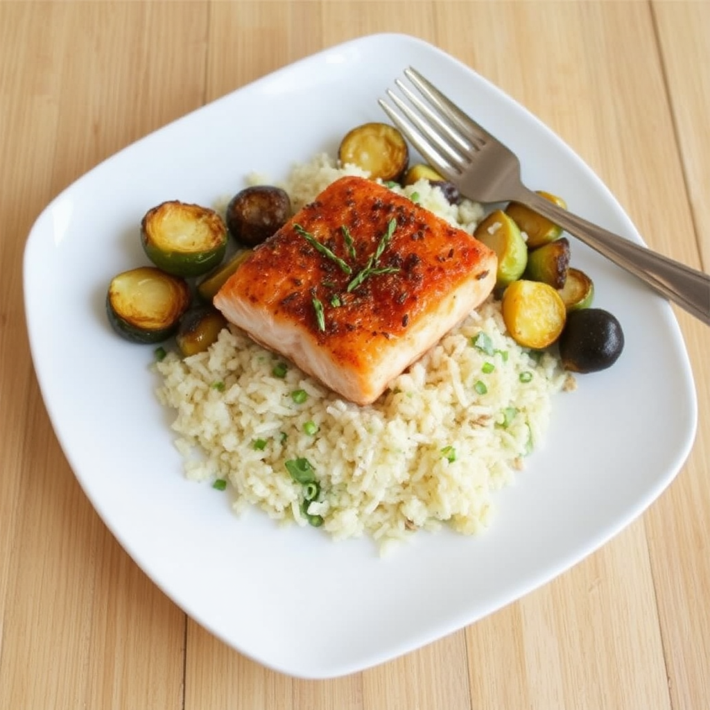 Spiced Salmon with Coconut Lime Rice and Roasted Brussel Sprouts