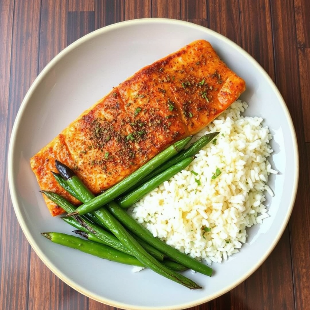 Spiced Salmon with Coconut-Lime Rice and Roasted Green Beans