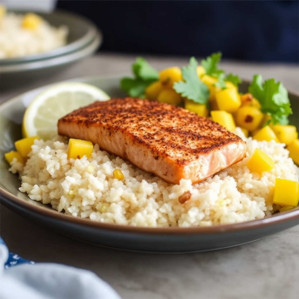 Spiced Salmon with Coconut Rice and Mango Salsa