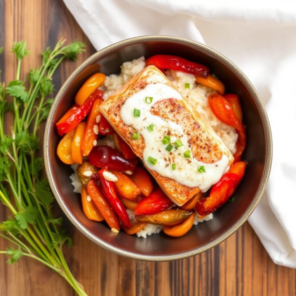 Spiced Salmon with Creamy Coconut & Roasted Peppers