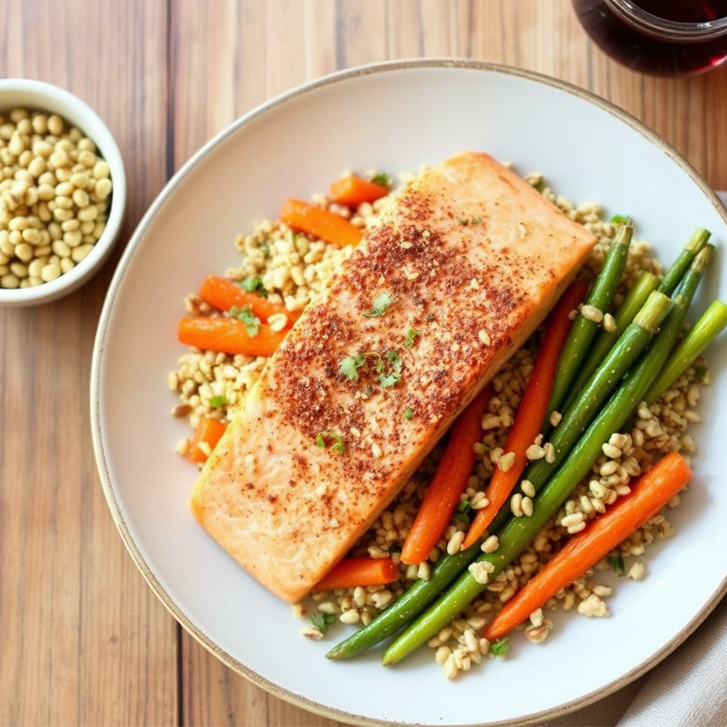 Spiced Salmon with Honey-Ginger Carrots and Pistachio Couscous