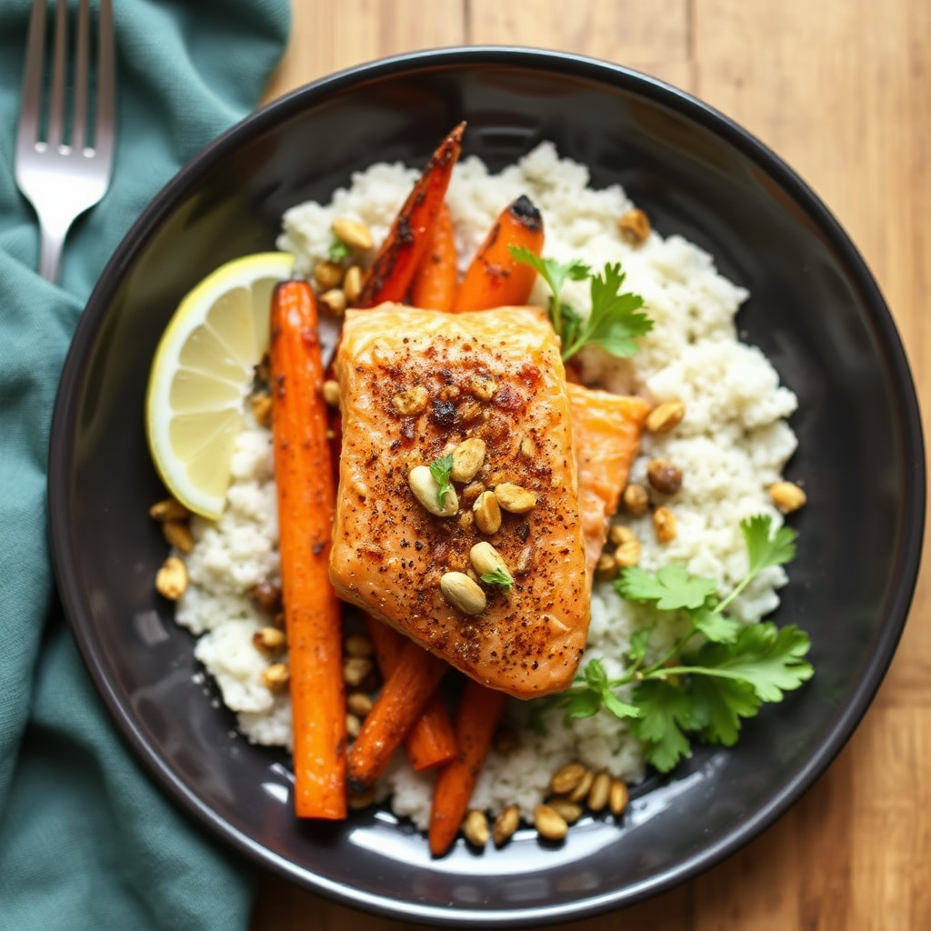 Spiced Salmon with Honey-Roasted Carrots and Pistachios