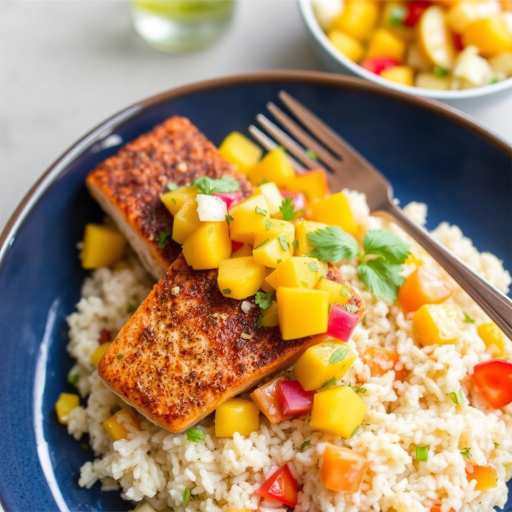 Spiced Salmon with Mango Salsa and Coconut Lime Rice