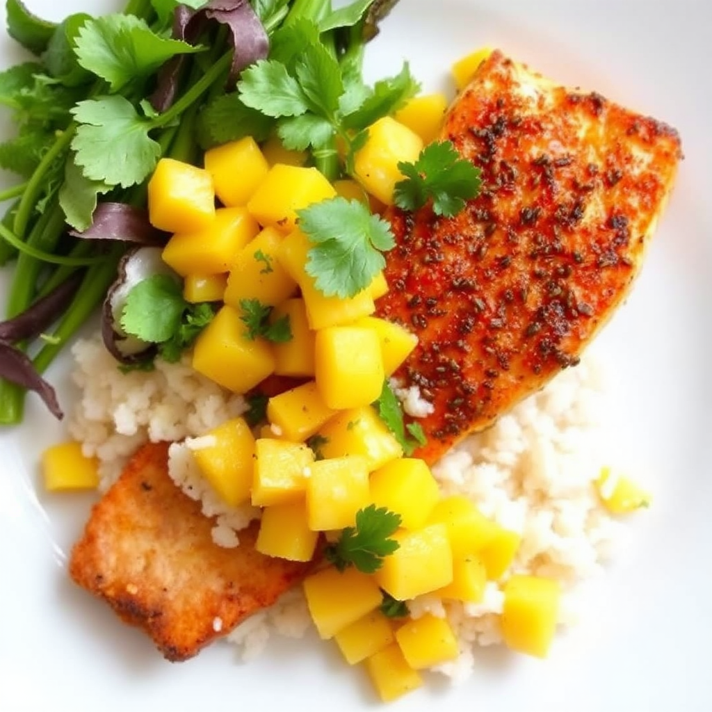 Spiced Salmon with Mango Salsa and Coconut Rice