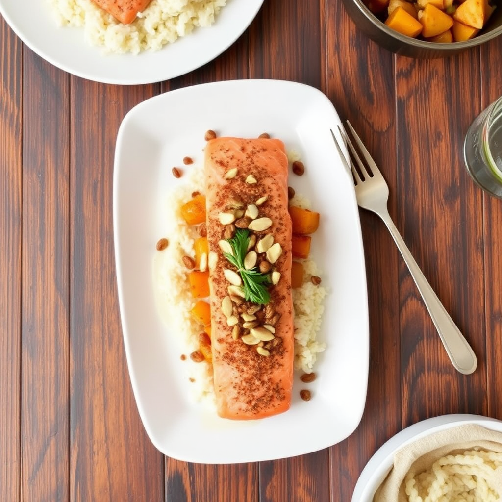 Spiced Salmon with Roasted Butternut Squash and Toasted Almonds