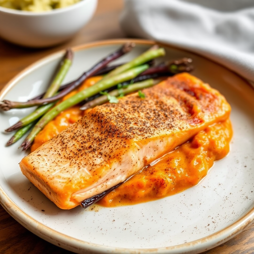 Spiced Salmon with Roasted Carrot-Ginger Purée