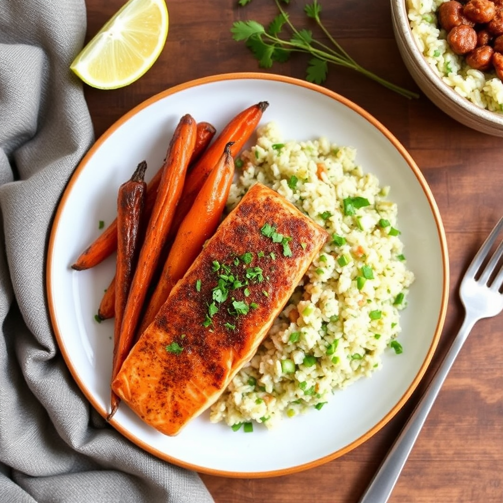 Spiced Salmon with Roasted Carrots and Cilantro-Lime Rice