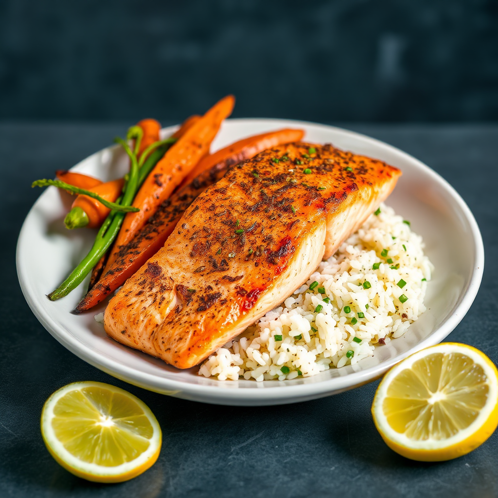 Spiced Salmon with Roasted Carrots and Coconut Rice