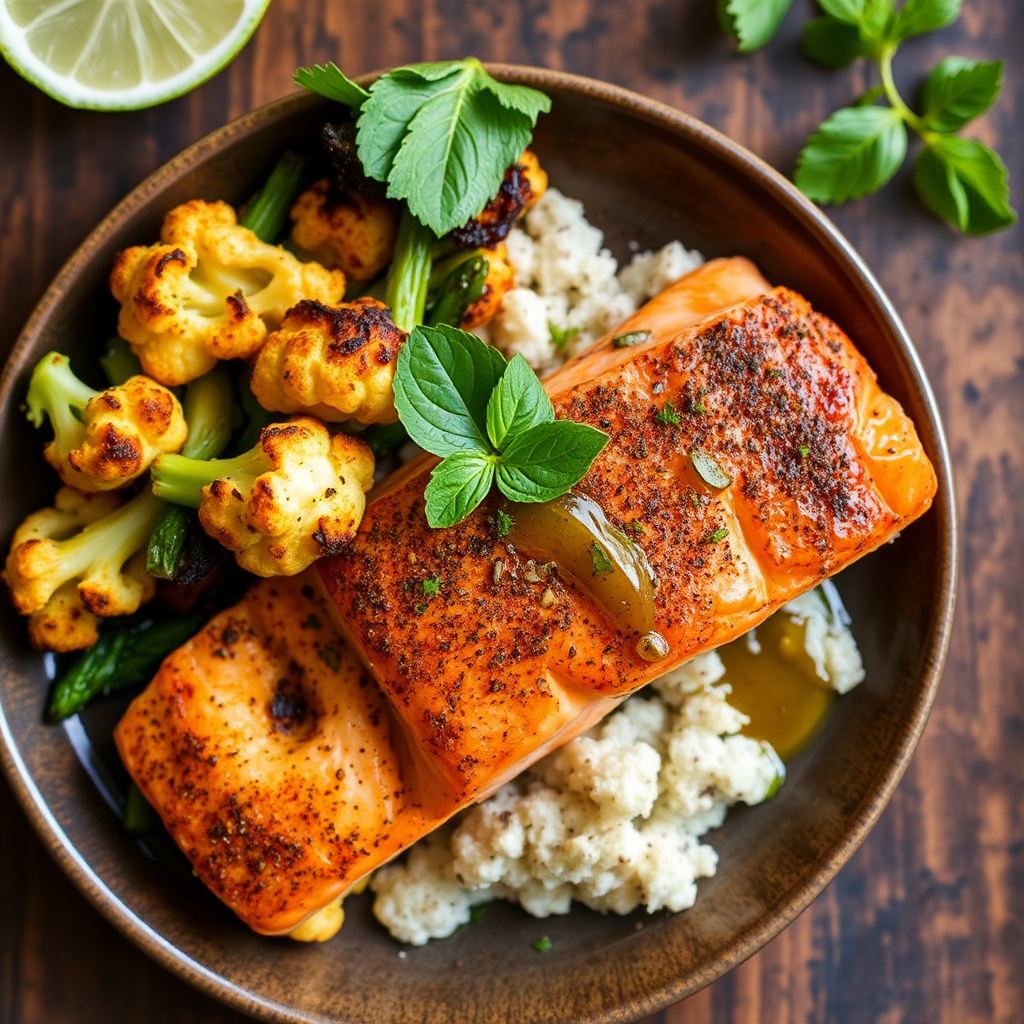 Spiced Salmon with Roasted Cauliflower and Mint-Lime Glaze