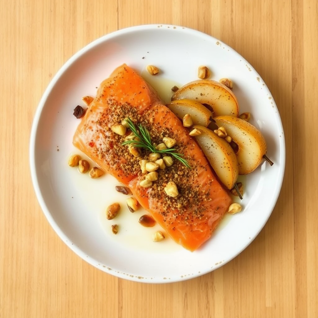 Spiced Salmon with Roasted Pears and Pistachios