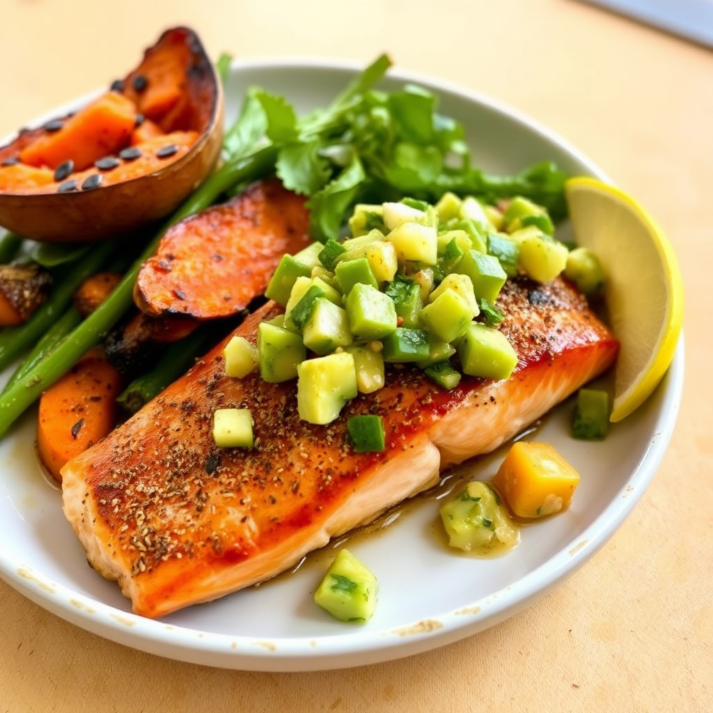 Spiced Salmon with Roasted Sweet Potato & Avocado Salsa