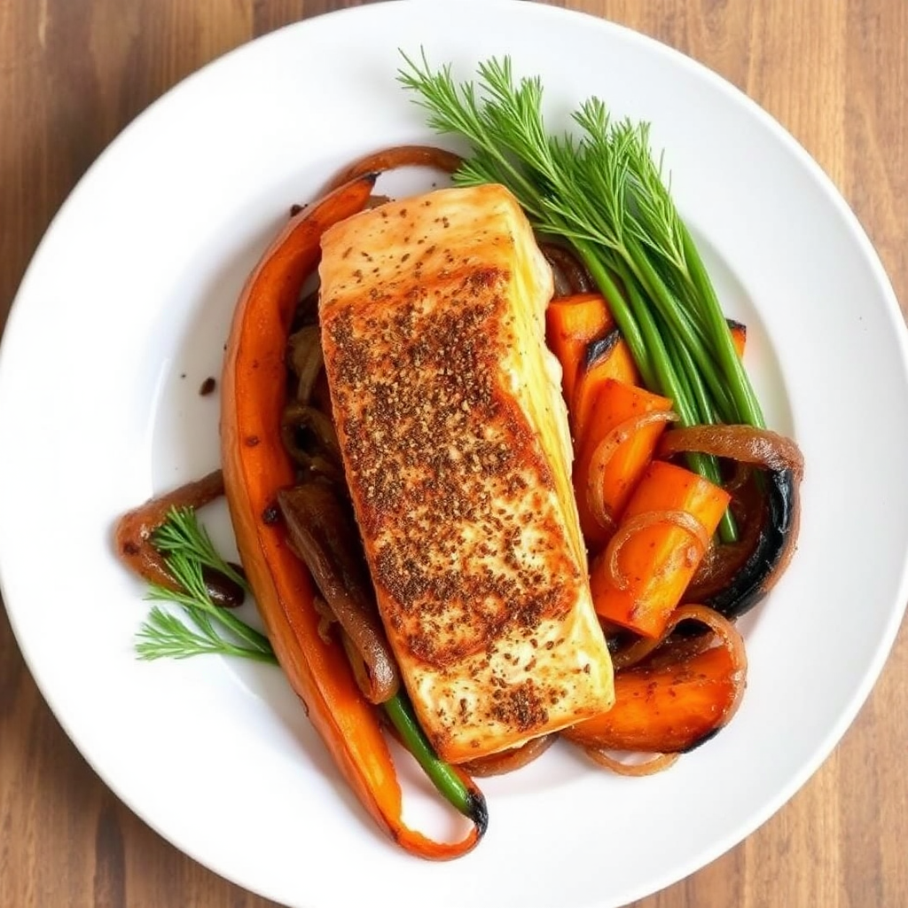 Spiced Salmon with Roasted Sweet Potato and Caramelized Onions