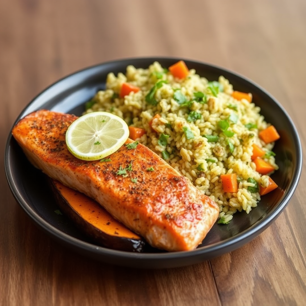 Spiced Salmon with Roasted Sweet Potato & Cilantro Lime Rice