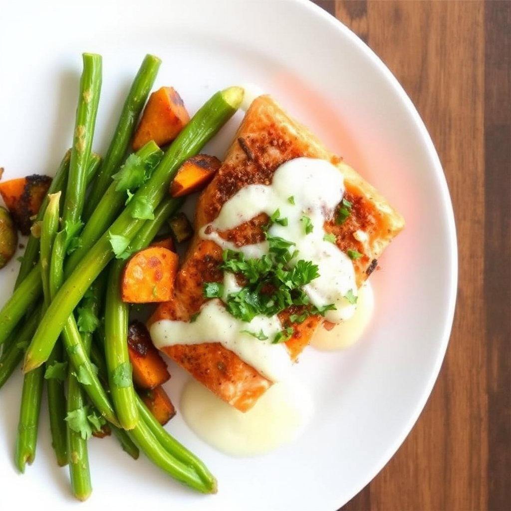 Spiced Salmon with Roasted Sweet Potato and Coconut Lime Dressing