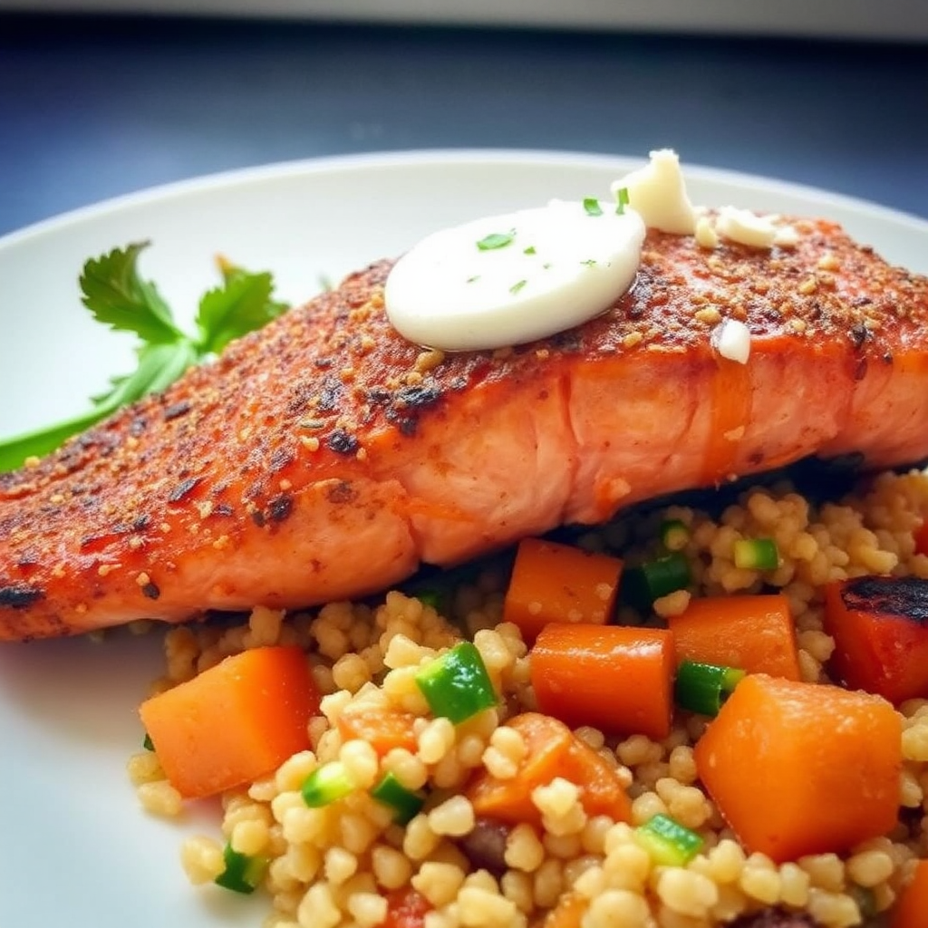 Spiced Salmon with Roasted Sweet Potato and Coconut Quinoa