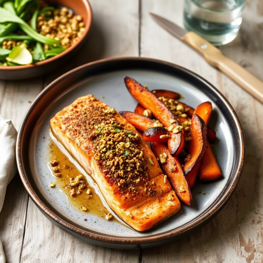 Spiced Salmon with Roasted Sweet Potato and Pistachio Crumble