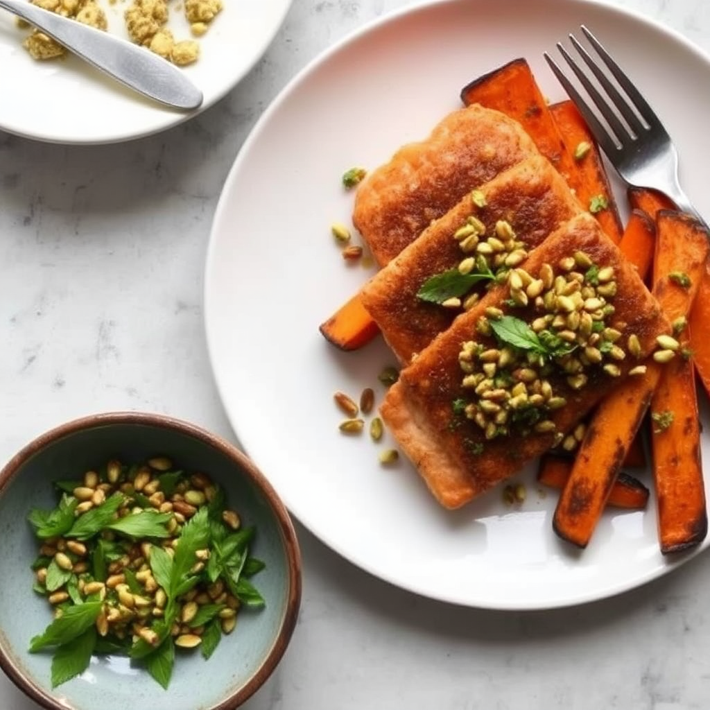 Spiced Salmon with Roasted Sweet Potato & Pistachio Gremolata