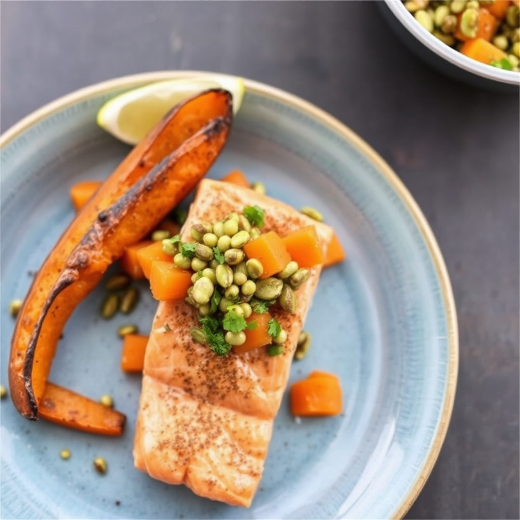 Spiced Salmon with Roasted Sweet Potato & Pistachio Salsa