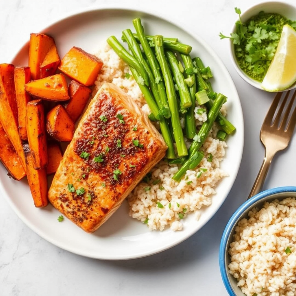 Spiced Salmon with Roasted Sweet Potatoes and Coconut-Cilantro Rice